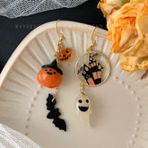Bat Ghost Pumpkin Halloween Earrings Dangle, Asymmetry Pumpkin Earrings, Unique Halloween Earrings Dangle